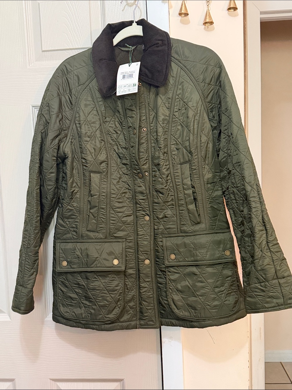 Barbour Olive Green Quilted Utility Jacket with Dark Cord Collar
